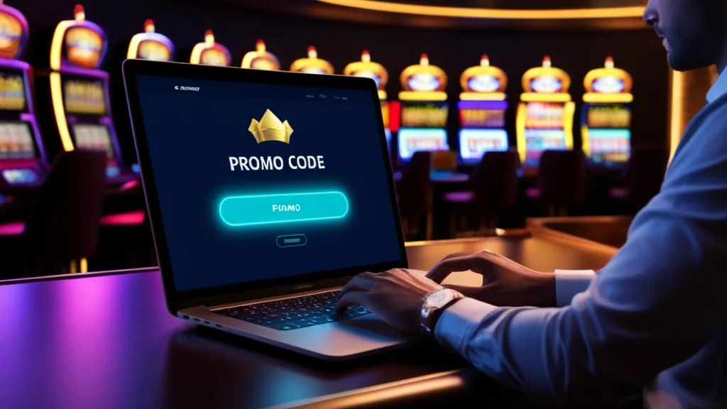 Utente che inserisce un codice promozionale in un casinò illuminato al neon