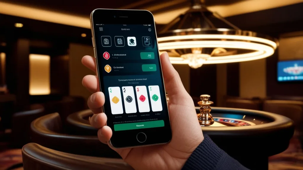 Telefono con interfaccia app e simboli di sicurezza in un ambiente casinò scuro