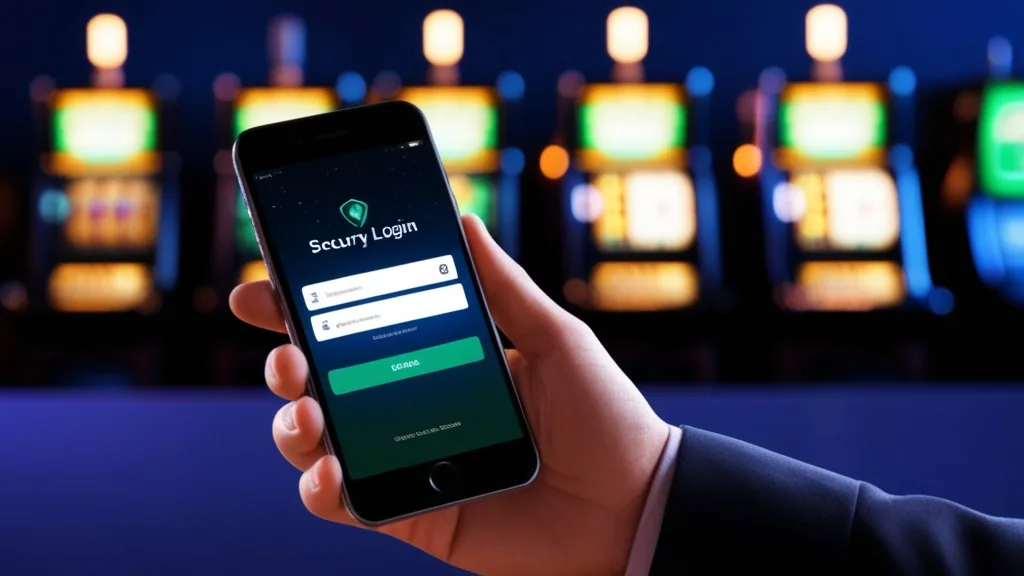 Smartphone con schermata di login in un ambiente da casinò