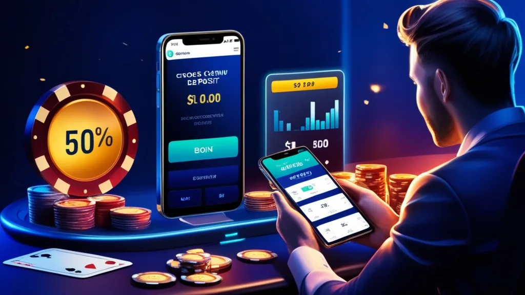 Giocatore che valuta un bonus deposito sullo smartphone accanto a fiches e carte