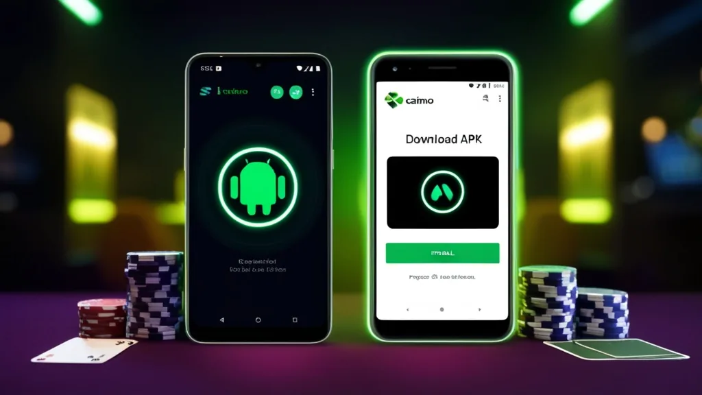 Smartphone Android con file APK e atmosfera da casinò scuro