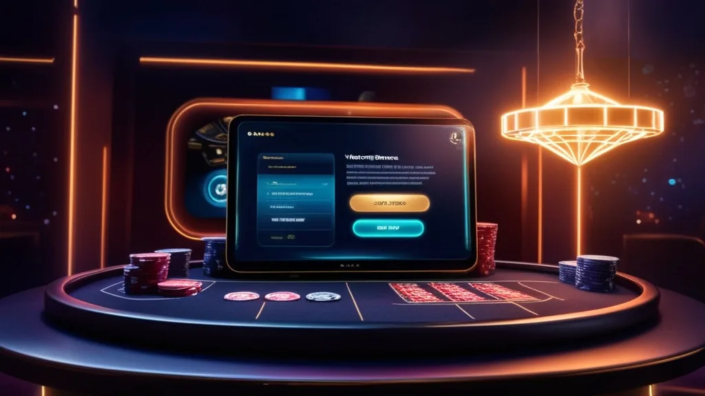 Giocatore che controlla un bonus di benvenuto su uno schermo luminoso in un casinò scuro