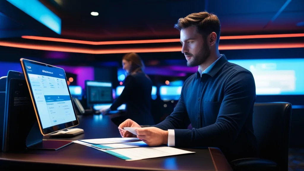 Verifica documenti e prelievo in ufficio casino illuminato al neon